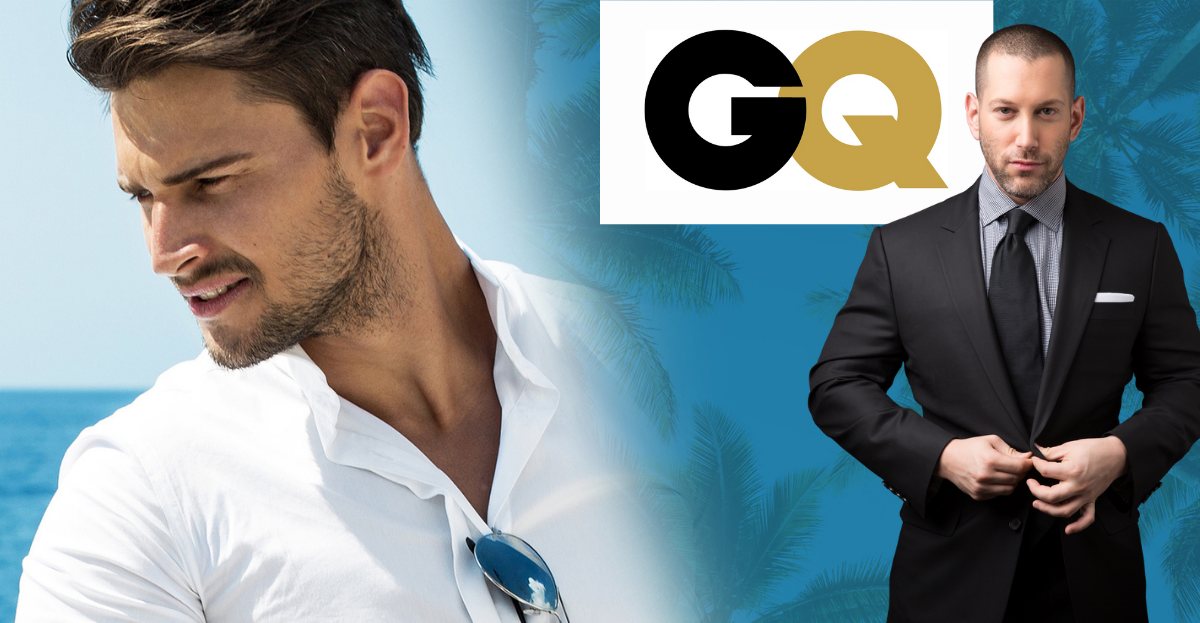 graphic design of Dr. Emer standing in front of a blown up image of a handsome man with chiseled face. The logo for GQ appears in the upper right.